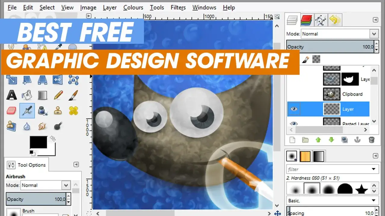 Interfaz de programa de dise&ntilde;o gr&aacute;fico gratis con un personaje de ojos grandes.