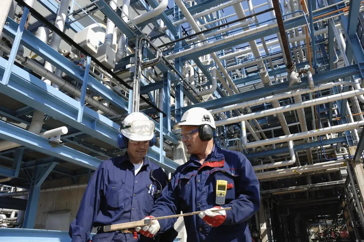 Ingenieros revisan planos en una planta industrial, analizando las salidas de ingenier&iacute;a mec&aacute;nica.