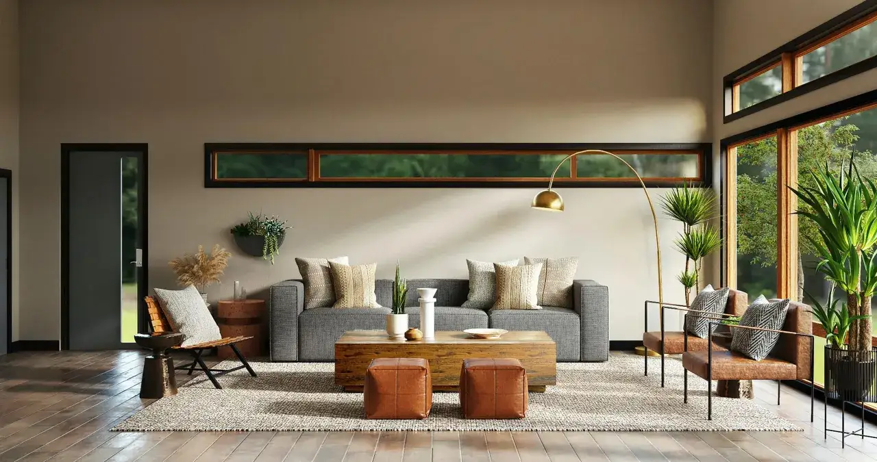 Un sal&oacute;n moderno con sof&aacute; gris, mesa de centro de madera, sillones de cuero y grandes ventanales. Un ejemplo de dise&ntilde;o de espacios interiores acogedor y luminoso.