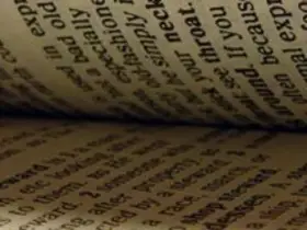 Páginas de un libro abierto, con texto en inglés. Se lee "old", "bad", "fashion", "throat", "around", "because", "often", "exp".
