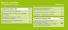 Plan de estudios del grado medio de auxiliar de enfermería, con asignaturas del primer y segundo año, incluyendo prácticas.