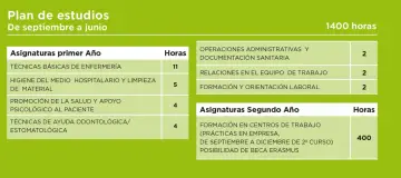 Plan de estudios del grado medio de auxiliar de enfermería, con asignaturas del primer y segundo año, incluyendo prácticas.
