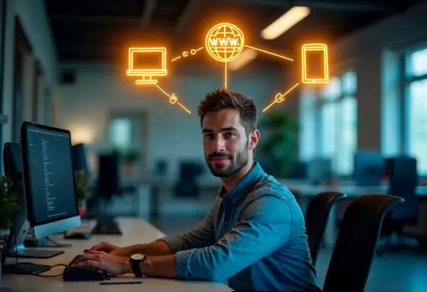 Programador sonriente, con iconos de web, móvil y PC sobre su cabeza, simbolizando el desarrollo de aplicaciones multiplataforma. Sueldo competitivo.