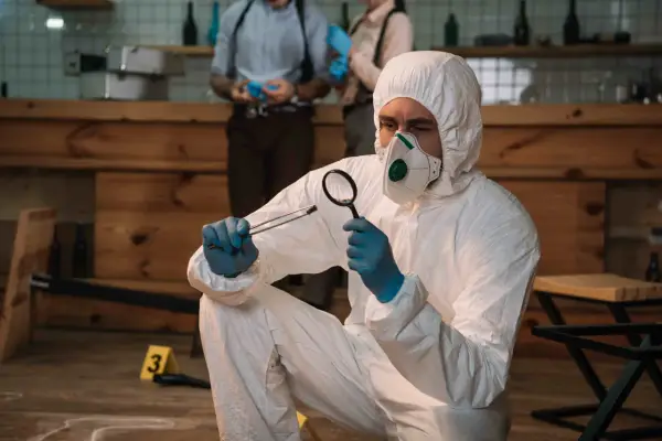 Un forense con traje protector examina una evidencia. Las salidas de la criminología son variadas: investigación, análisis, justicia.