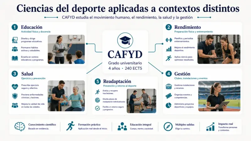 El CAFYD, Ciencias de la Actividad Física y del Deporte, abarca educación, rendimiento, salud, gestión y readaptación.