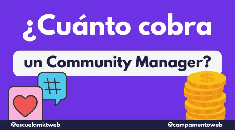¿Cuánto cobra un Community Manager? Iconos de corazón, hashtag y pila de monedas doradas.