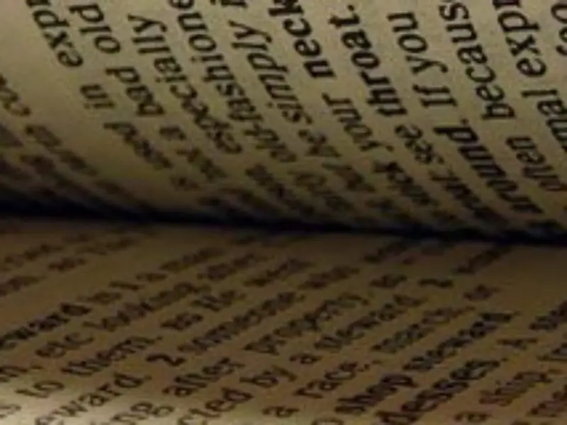 Páginas de un libro abierto, con texto en inglés. Se lee "old", "bad", "fashion", "throat", "around", "because", "often", "exp".