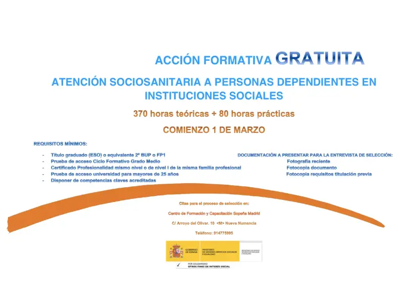 Acción formativa gratuita: atención sociosanitaria en instituciones sociales. Requisitos, documentación y citas para el curso que comienza el 1 de marzo.