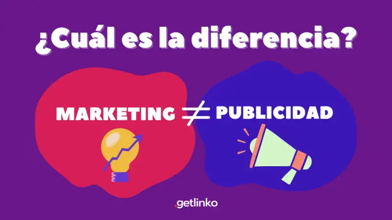 ¿Cuál es la diferencia? Marketing (bombilla con flecha ascendente) ≠ Publicidad (megáfono). Una guía visual para entender el marketing y la publicidad.