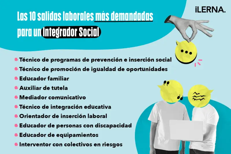Las 10 salidas laborales para un Integrador Social, clave para la **integración social**. Incluye roles como técnico de inserción y educador.