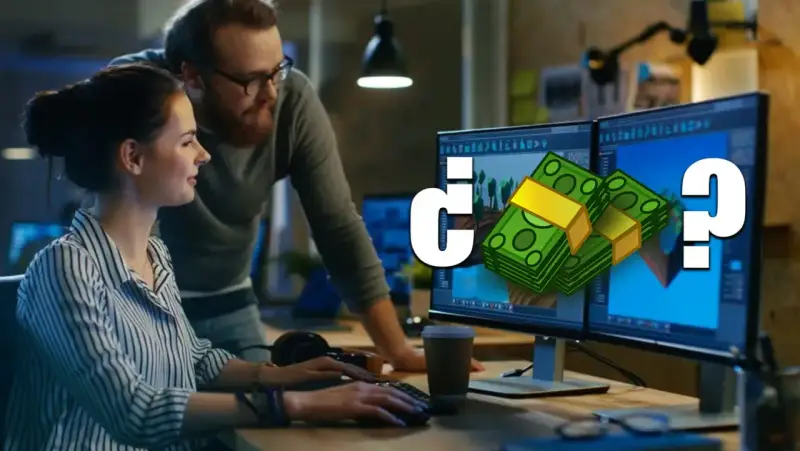 ¿Cuánto cobra un diseñador de videojuegos? Dos personas trabajan en monitores con gráficos de dinero y un signo de interrogación.